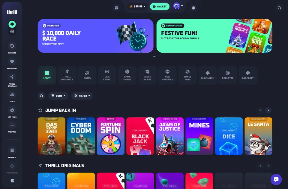 Official Thrill.com desktop screenshot of the casino lobby