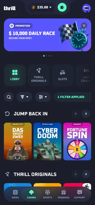Official Thrill.com mobile screenshot of the casino lobby